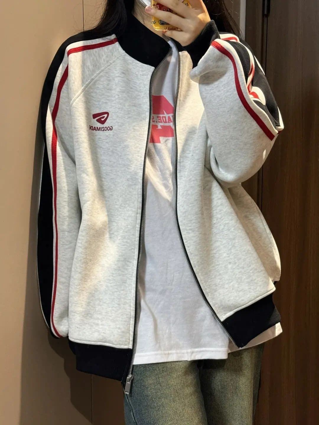 한국 chic 아메리칸 레트로 가을 겨울 새로운 알파벳 패치워크 색상 후드 티 스웨터 여성 루즈핏 거리 바람 지퍼 재킷