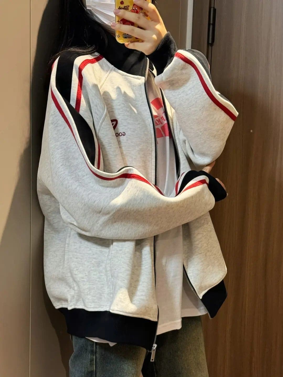 한국 chic 아메리칸 레트로 가을 겨울 새로운 알파벳 패치워크 색상 후드 티 스웨터 여성 루즈핏 거리 바람 지퍼 재킷 상세 이미지 5