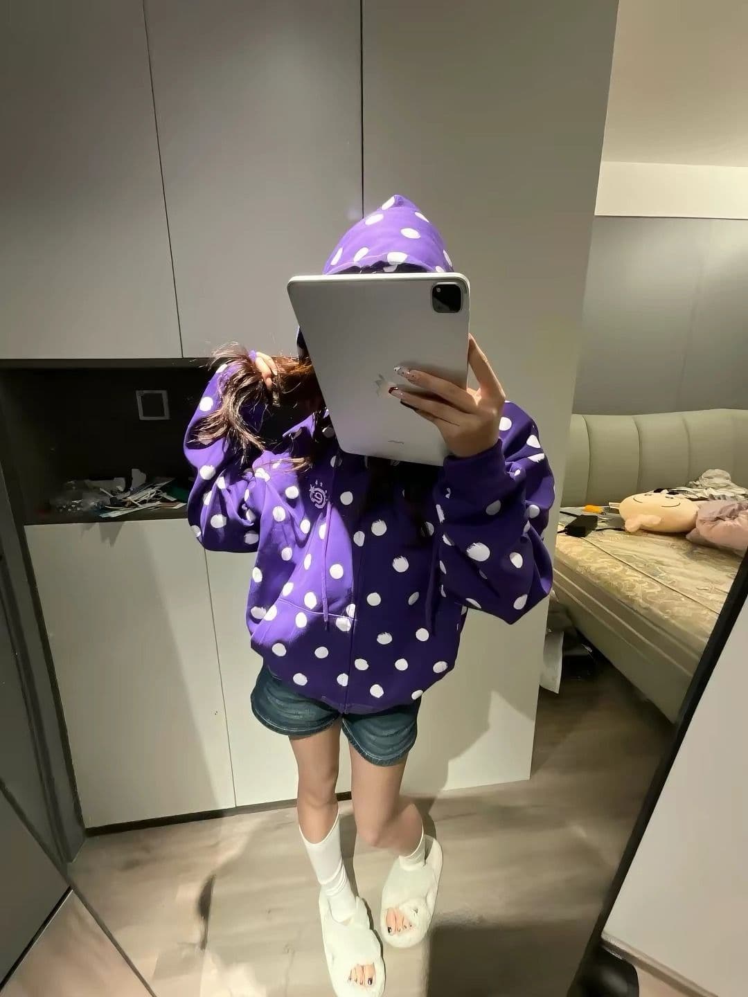한국 chic 아메리칸 레트로 가을 겨울 새로운 도트 무늬 자수 후드 티 스웨터 여성 루즈핏 거리 바람 지퍼 재킷 상세 이미지 10