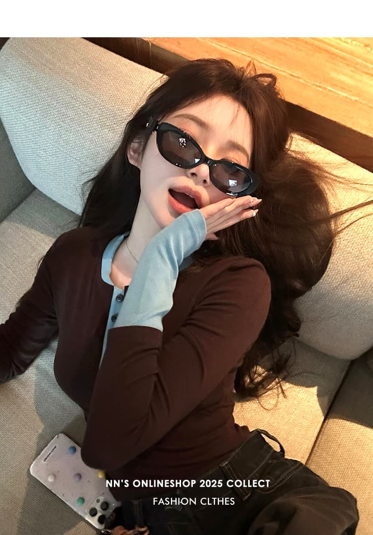 아메리칸 핫걸 배색 페이크 레이어드 반 개방 칼라 허리 수축 긴팔 티셔츠 여성 가을 새로운 슬림해 보이는 기본 셔츠 맨위 상세 이미지 2