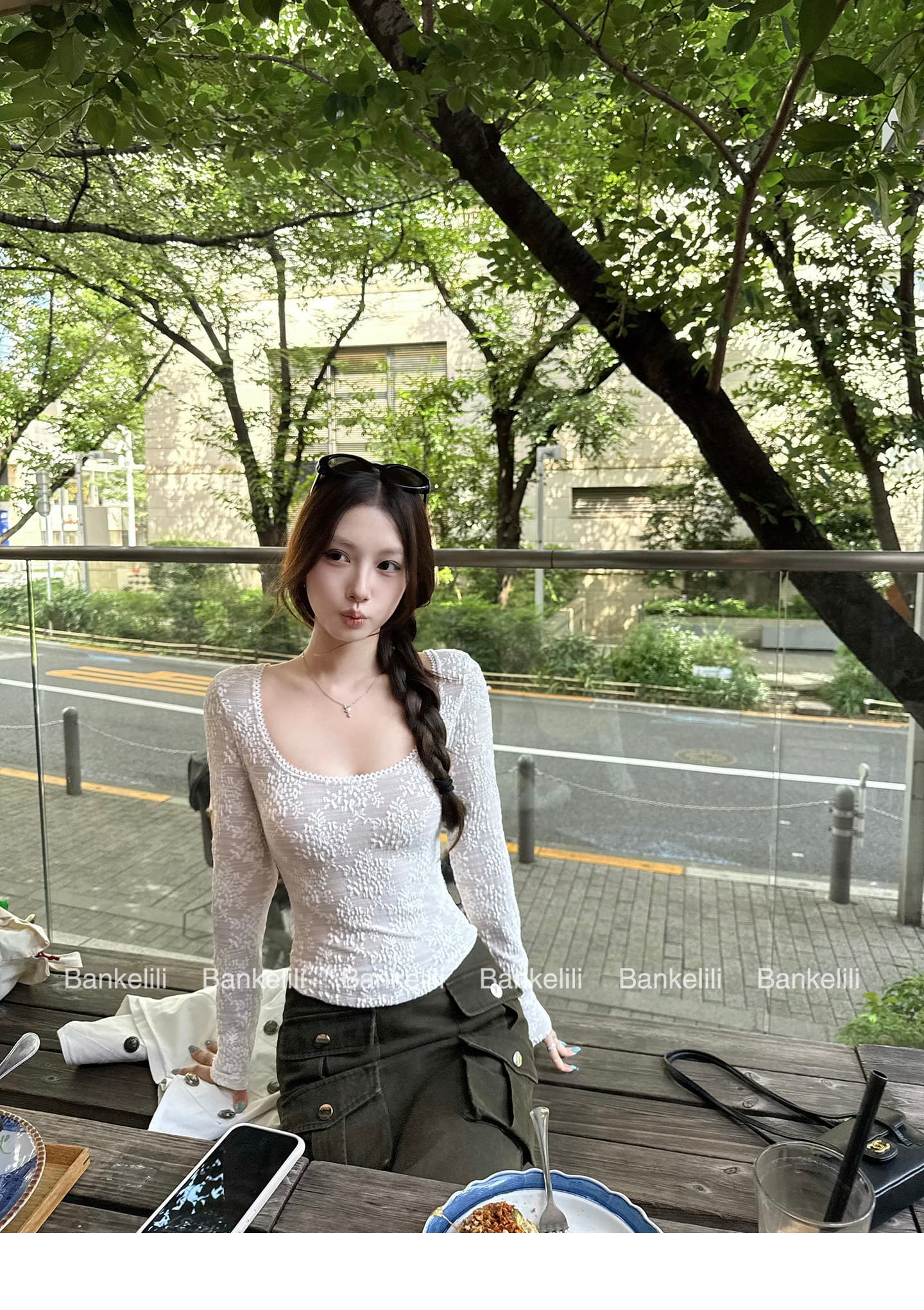 순수한 욕망 바람 u 칼라 섹시함 레이스 티셔츠 여성 가을 새로운 얇은 스타일 허리 수축 핫걸 슬림해 보이는 몸 맨위 긴팔 트렌디 상세 이미지 13