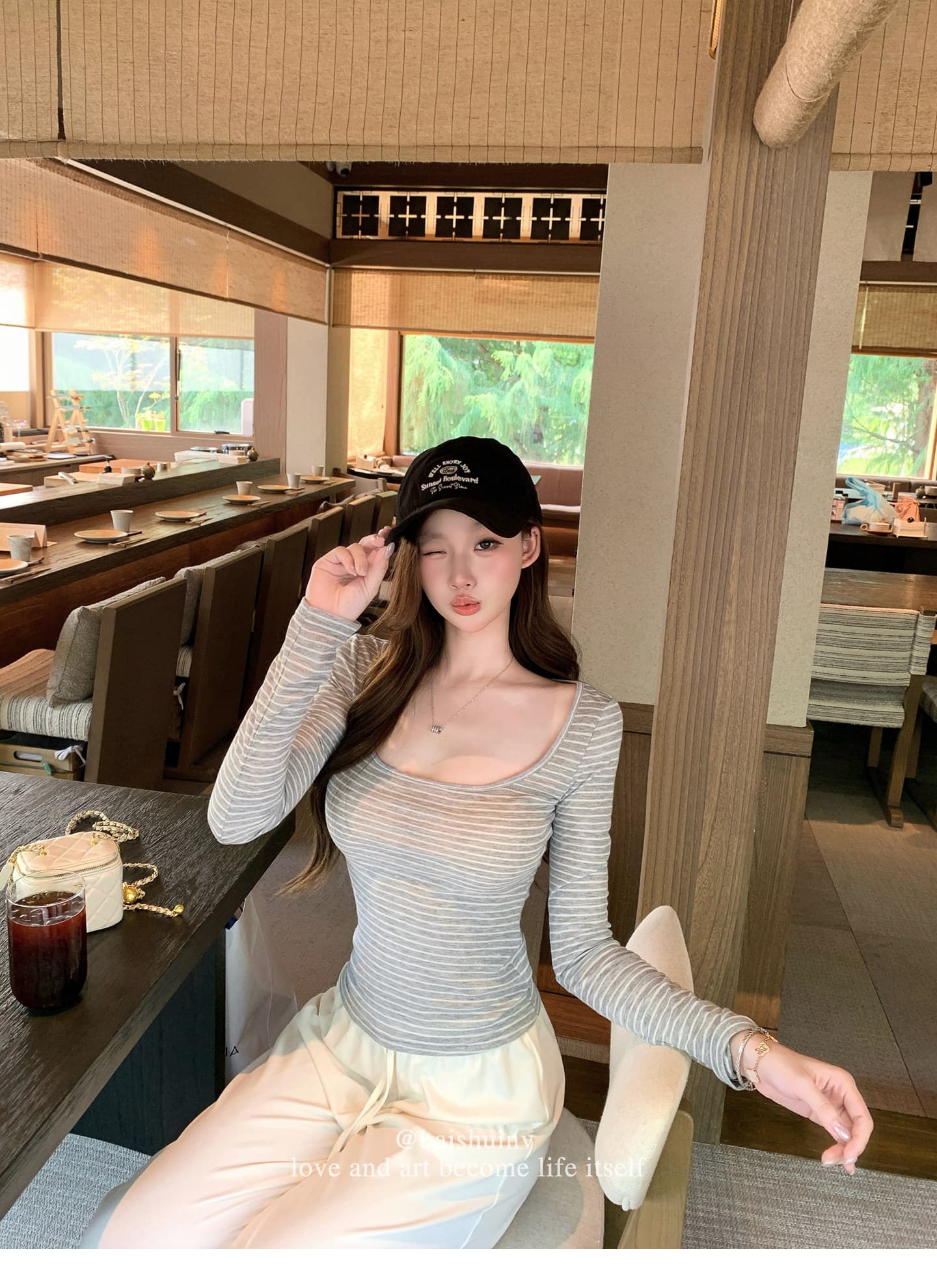 아메리칸 레트로 깊은 u 칼라 긴팔 티셔츠 여성 가을 한 부서 부드러운 허리 수축 핫걸 슬림해 보이는 작은 대중 스트라이프 맨위 트렌디 상세 이미지 42