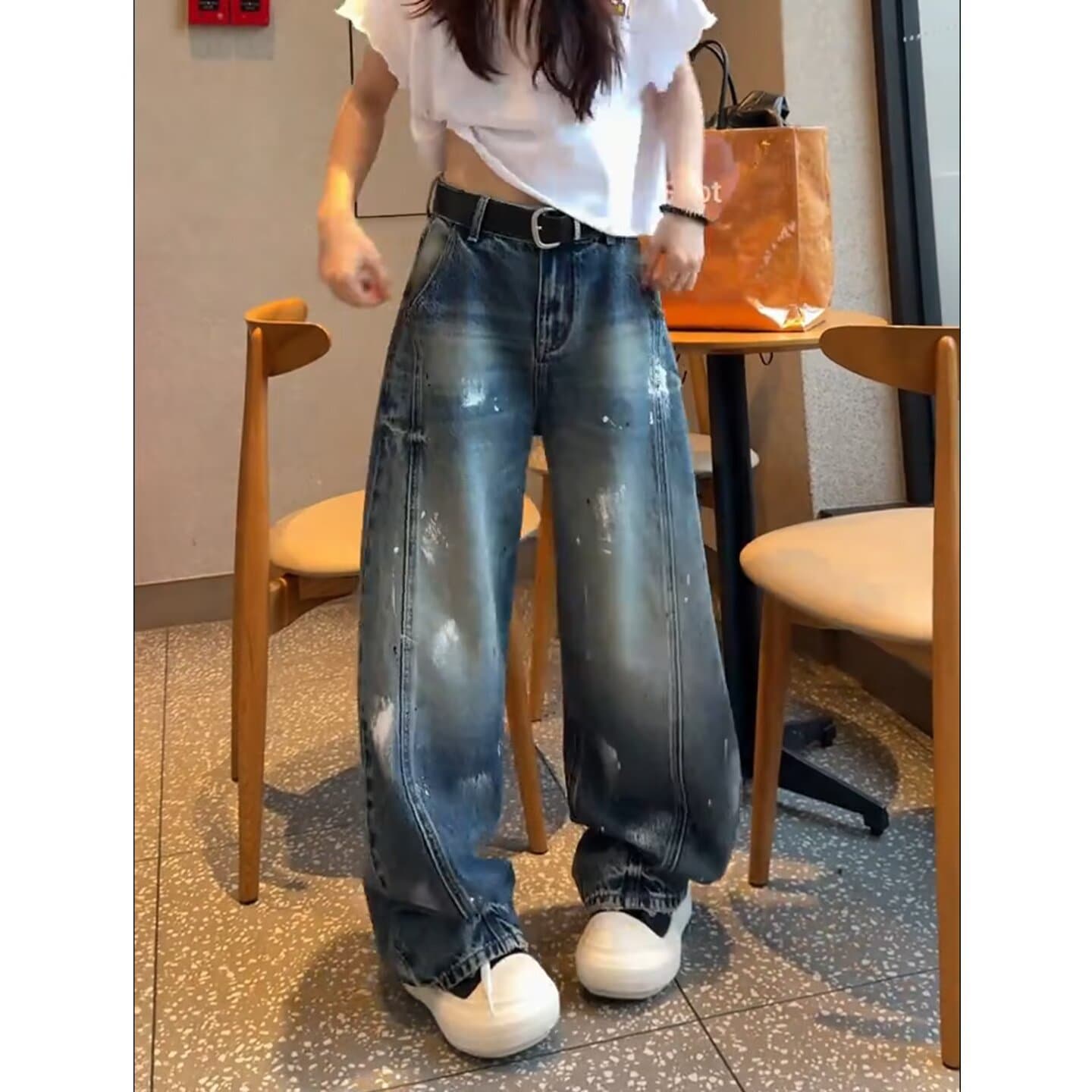 조수 브랜드 악당 잘 생긴 워싱 마 오래된 루즈핏 넓은 다리 스트레이트 바지 유럽과 미국 거리 낙서 먹물 청바지 남녀 상세 이미지 11