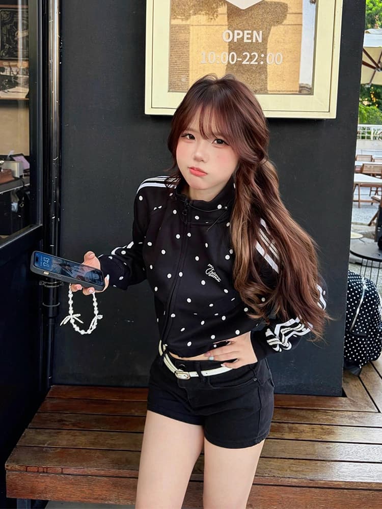 좋은 품질 아메리칸 트렌디 도트 무늬 스탠드 칼라 후드티 여성 가을 겨울 새로운 레트로 자수 캐주얼 루즈핏 재킷 트렌디 상세 이미지 5