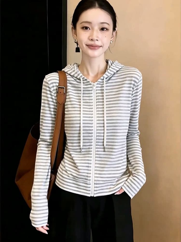 좋은 품질 아메리칸 스트라이프 후드 티 스웨터 여성 봄 가을 새로운 레트로 캐주얼 루즈핏 오픈 가디건 지퍼 재킷 트렌디 상세 이미지 2