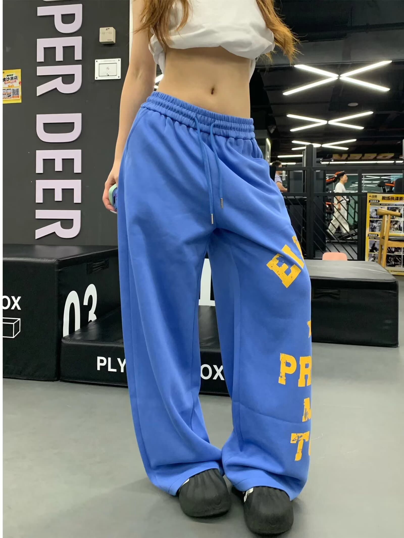 좋은 품질 아메리칸 알파벳 프린트 운동 캐주얼 웨이 바지 남녀 새로운 도루 센스 넓은 다리 슬림해 보이는 바닥 청소 긴 바지 상세 이미지 23