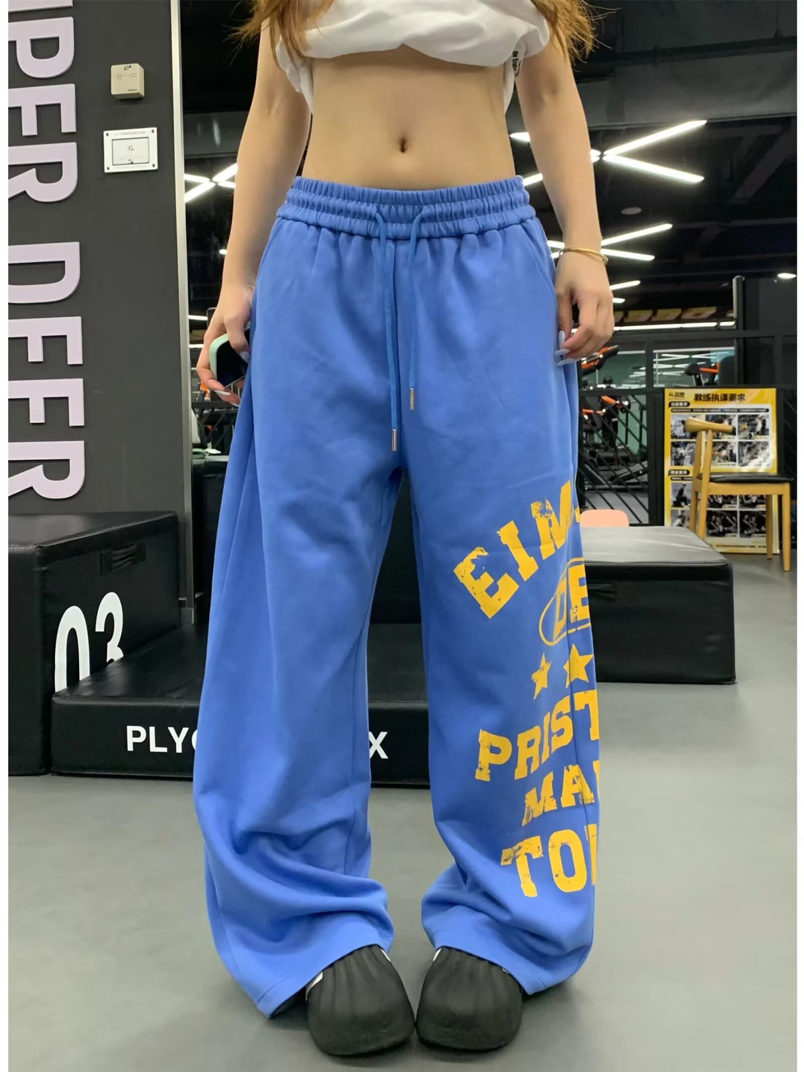 좋은 품질 아메리칸 알파벳 프린트 운동 캐주얼 웨이 바지 남녀 새로운 도루 센스 넓은 다리 슬림해 보이는 바닥 청소 긴 바지 상세 이미지 28