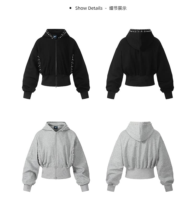 좋은 품질 가을 새로운 아메리칸 디자인 못 진주 쇼트 스타일 후드 여성 코트 레트로 몸매 가꾸기 핫걸 후드티 상세 이미지 1