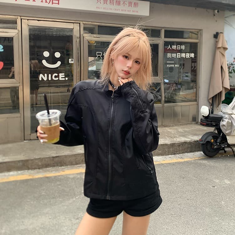 한국 chic 아메리칸 가을 새로운 높음 거리 스탠드 칼라 나일론 쇼트 스타일 재킷 여성 레저 지퍼 파일럿 재킷