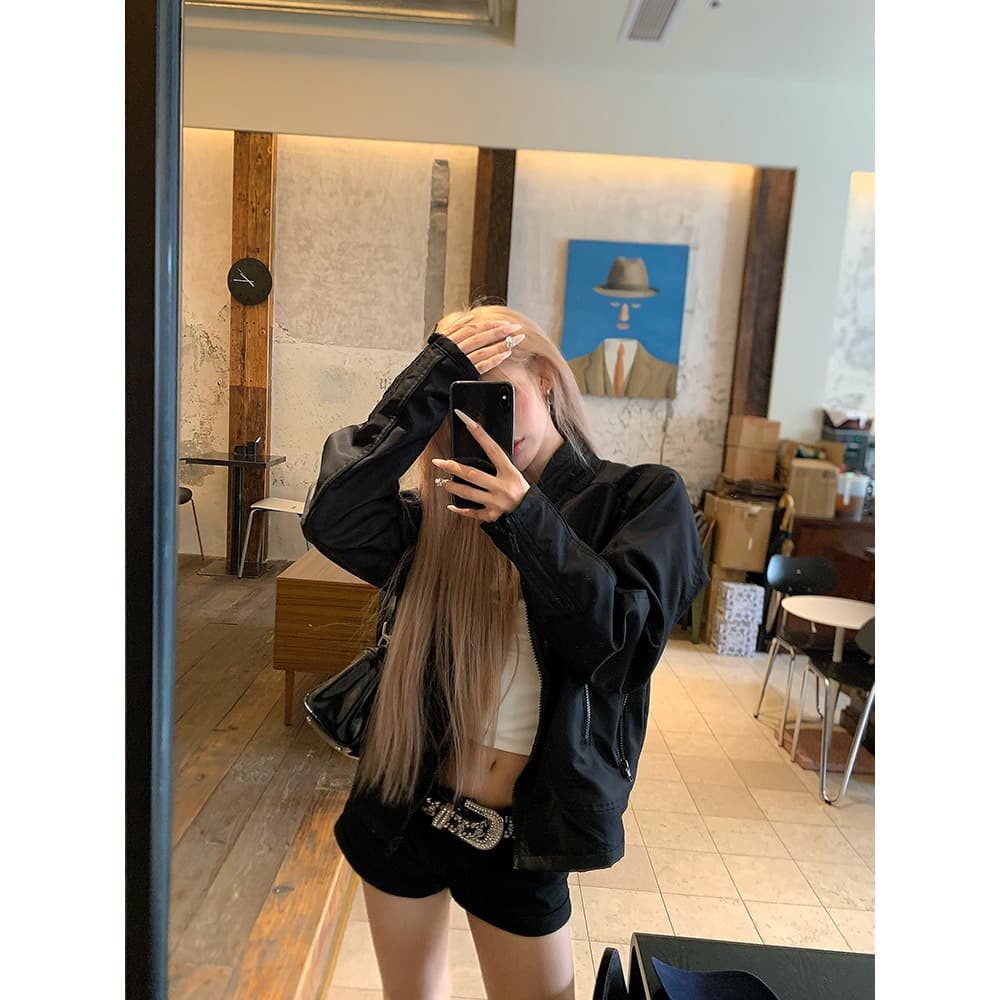 한국 chic 아메리칸 가을 새로운 높음 거리 스탠드 칼라 나일론 쇼트 스타일 재킷 여성 레저 지퍼 파일럿 재킷 상세 이미지 3