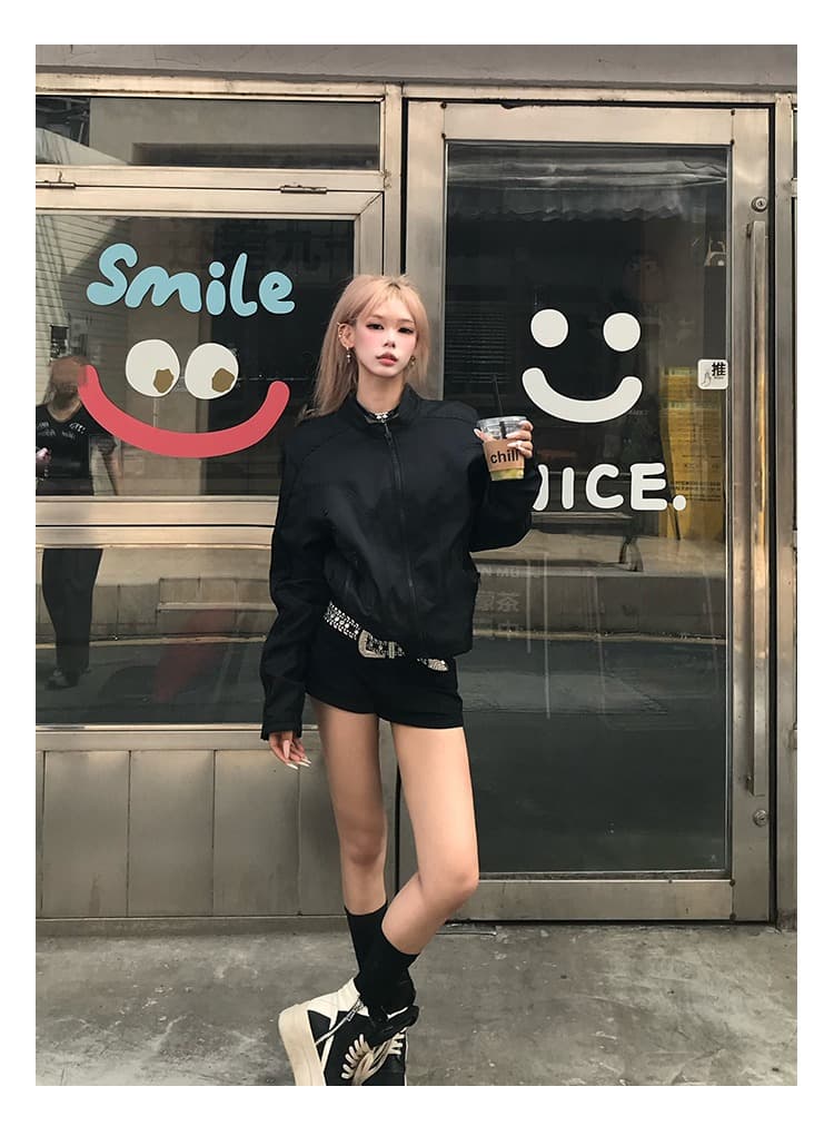 한국 chic 아메리칸 가을 새로운 높음 거리 스탠드 칼라 나일론 쇼트 스타일 재킷 여성 레저 지퍼 파일럿 재킷 상세 이미지 11