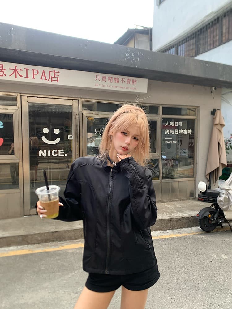 한국 chic 아메리칸 가을 새로운 높음 거리 스탠드 칼라 나일론 쇼트 스타일 재킷 여성 레저 지퍼 파일럿 재킷 상세 이미지 13