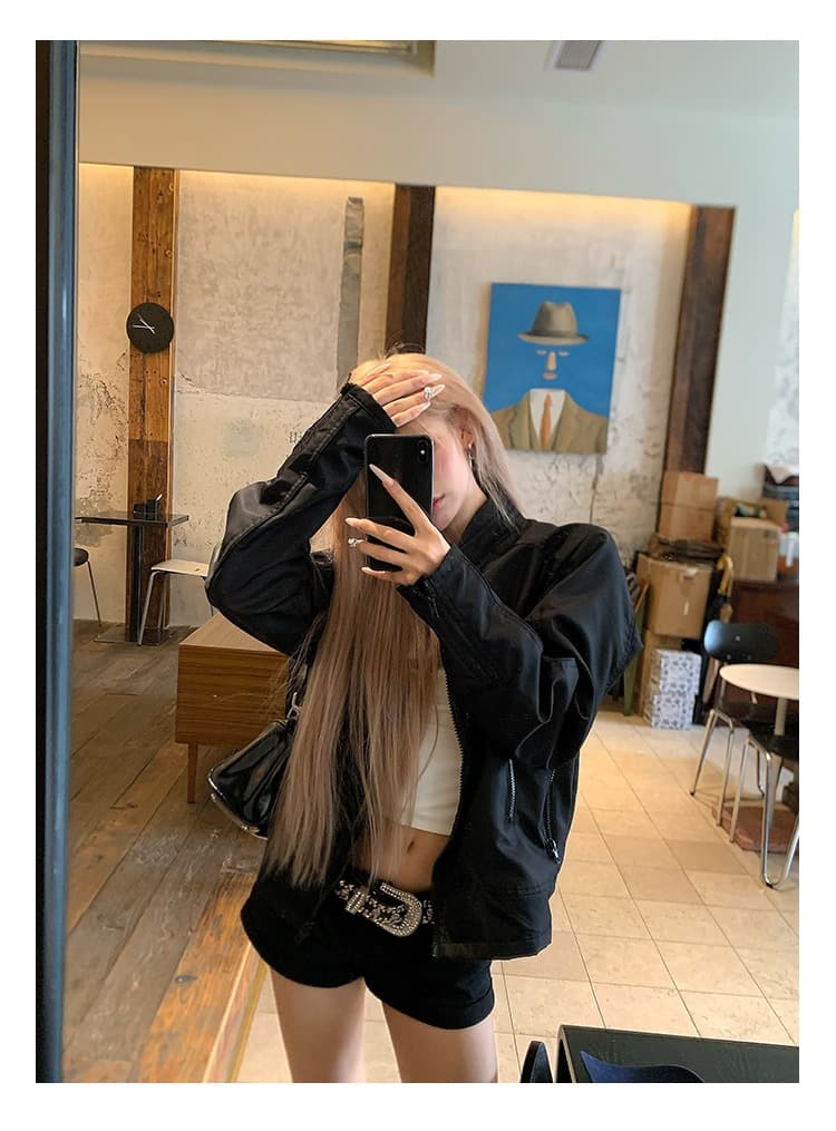 한국 chic 아메리칸 가을 새로운 높음 거리 스탠드 칼라 나일론 쇼트 스타일 재킷 여성 레저 지퍼 파일럿 재킷 상세 이미지 27