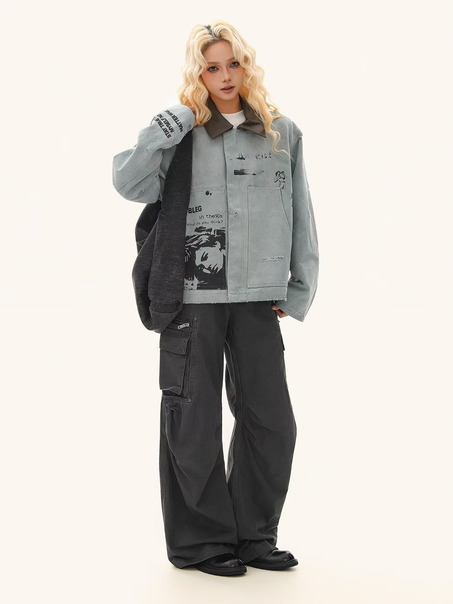 한국 chic 아메리칸 레트로 폴로 칼라 패치워크 데님 재킷 남녀 루즈핏 빅 포켓 파일럿 운동 재킷 상세 이미지 16