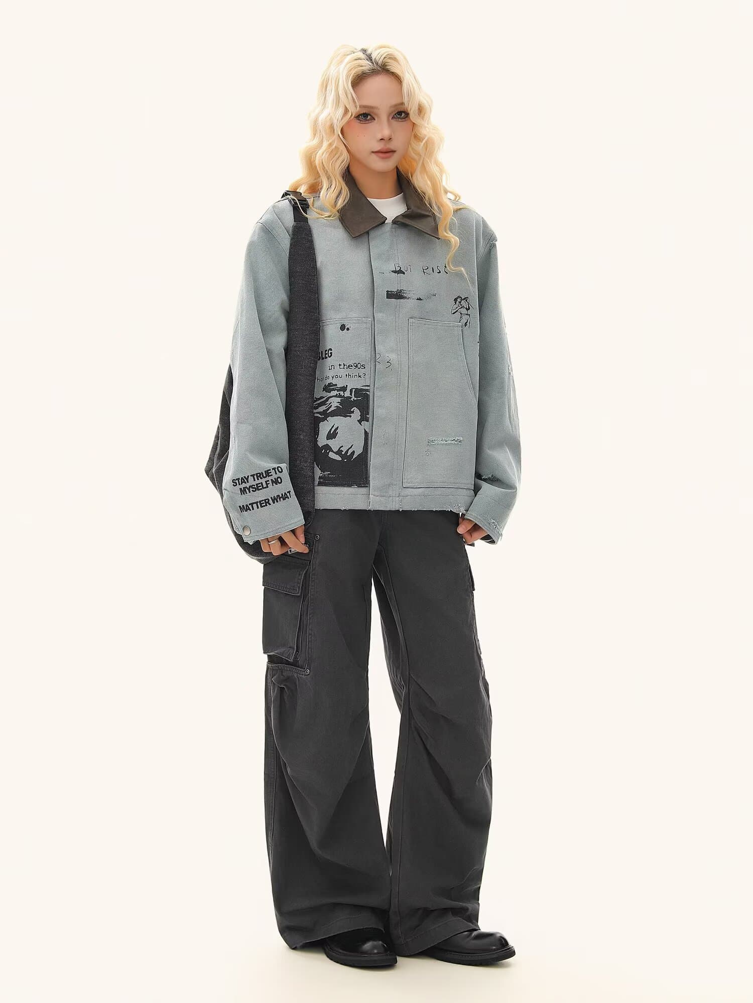 한국 chic 아메리칸 레트로 폴로 칼라 패치워크 데님 재킷 남녀 루즈핏 빅 포켓 파일럿 운동 재킷 상세 이미지 18