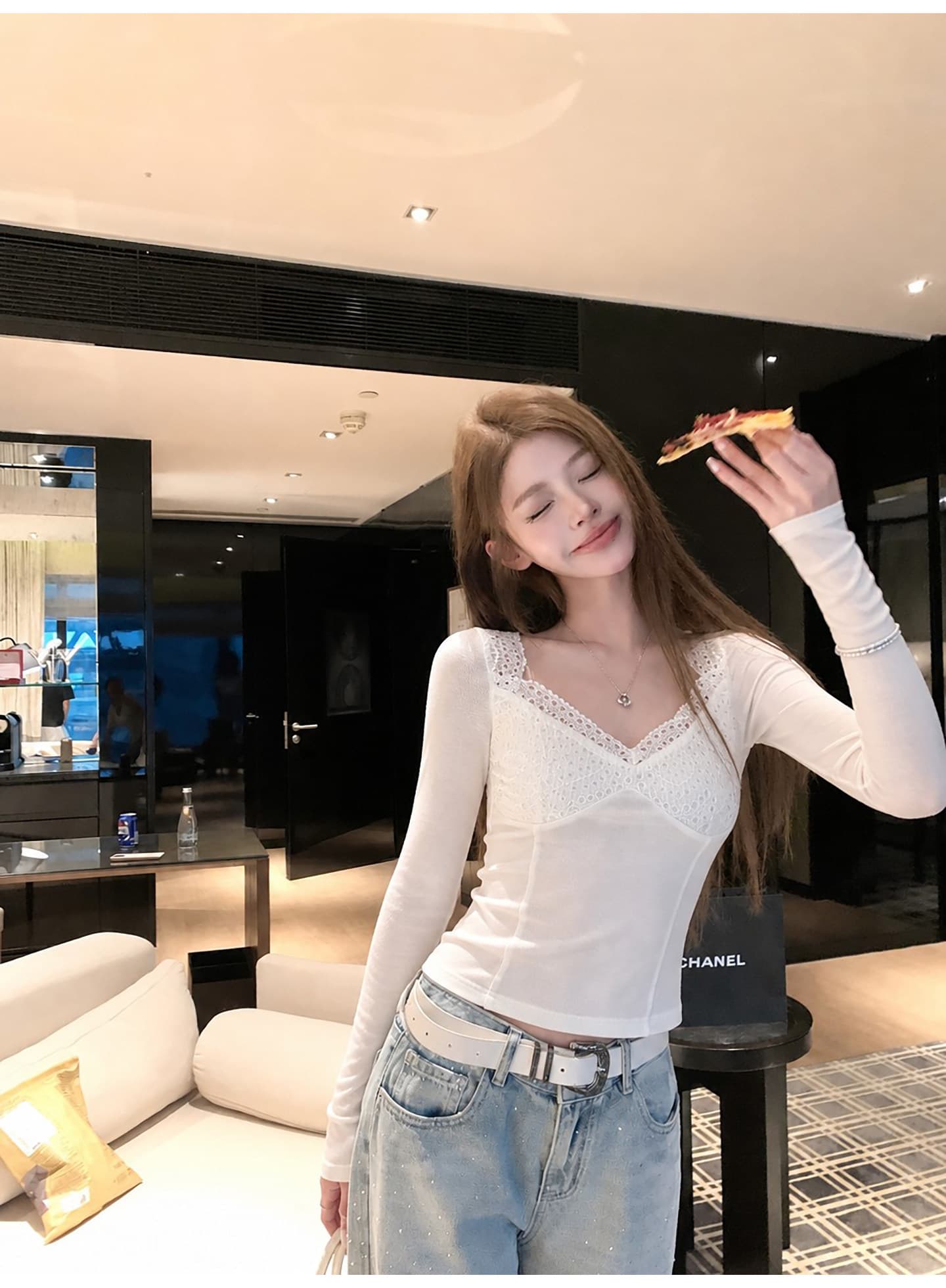 좋은 품질 레이스 긴팔 티셔츠 기본 셔츠 여성 가을 새로운 허리 수축 핫걸 쇼트 스타일 몸매 가꾸기 핫걸 맨위 트렌디 상세 이미지 1