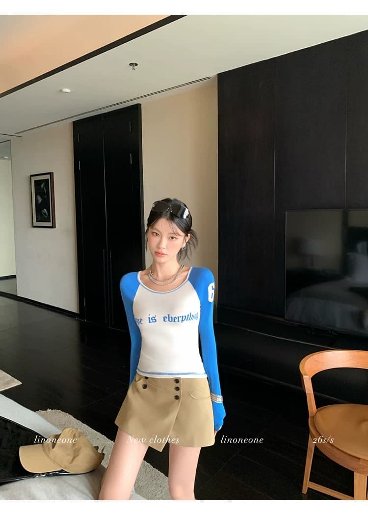 좋은 품질 모달 면 이른 가을 새로운 아메리칸 레트로 배색 삽입 어깨 몸매 가꾸기 슬림해 보이는 긴팔 티셔츠 여성 셔츠 상세 이미지 9
