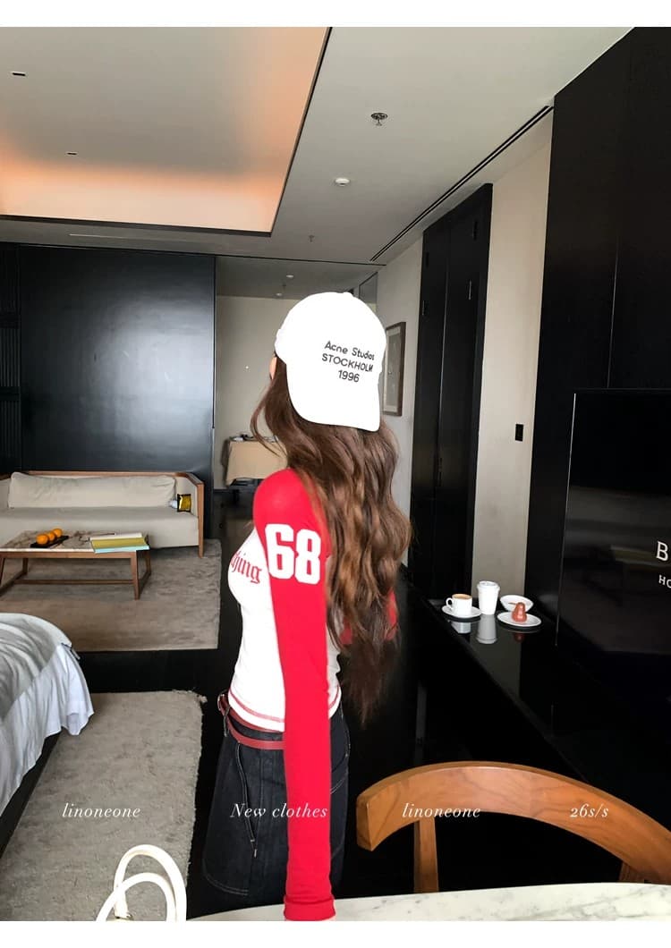 좋은 품질 모달 면 이른 가을 새로운 아메리칸 레트로 배색 삽입 어깨 몸매 가꾸기 슬림해 보이는 긴팔 티셔츠 여성 셔츠 상세 이미지 10