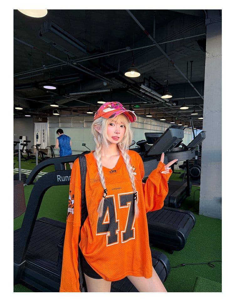 좋은 품질 가을 새로운 메쉬 저지 아메리칸 높음 거리 알파벳 프린트 악당 잘 생긴 거리 긴팔 티셔츠 남녀 트렌디 상세 이미지 4