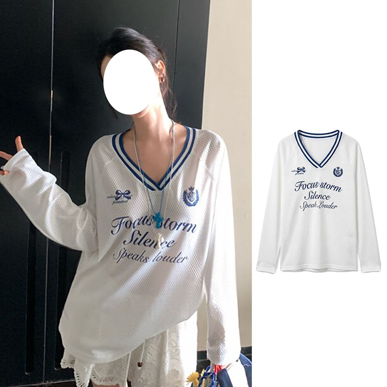 좋은 품질 가을 새로운 아메리칸 알파벳 프린트 메쉬 공 서비스 저지 배색 V넥 긴팔 티셔츠 맨위 여성 상세 이미지 3