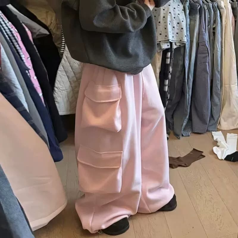 좋은 품질 아메리칸 가을 레트로 느슨함 센스 3 차원 주머니 일 와이드 다리 바닥 청소 운동 캐주얼 바지 여성 상세 이미지 4