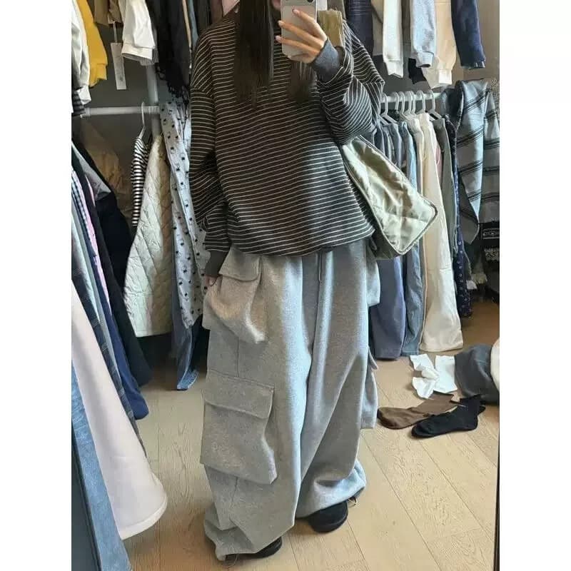 좋은 품질 아메리칸 가을 레트로 느슨함 센스 3 차원 주머니 일 와이드 다리 바닥 청소 운동 캐주얼 바지 여성 상세 이미지 11