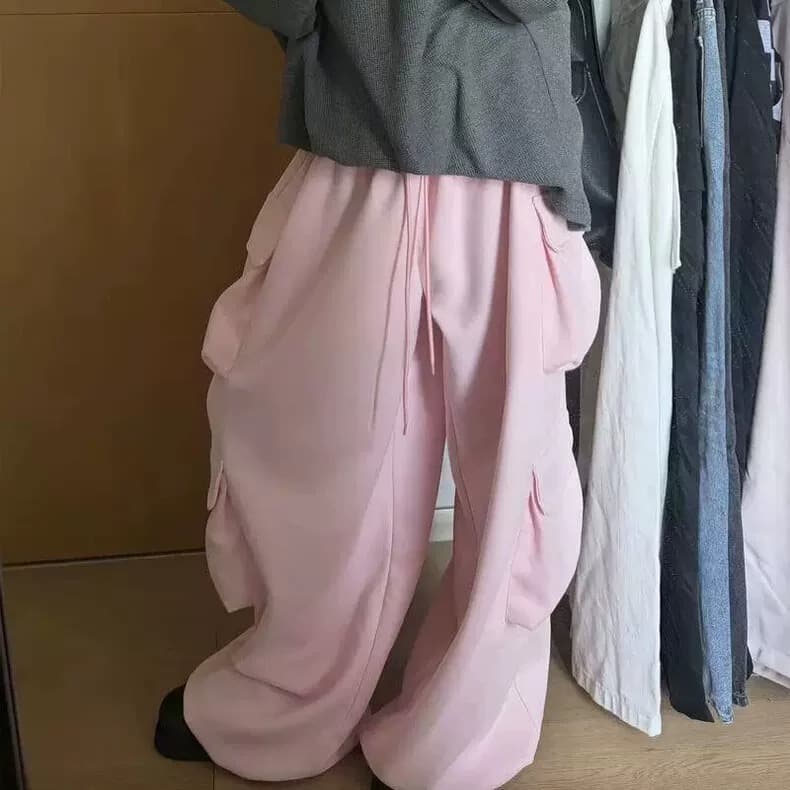 좋은 품질 아메리칸 가을 레트로 느슨함 센스 3 차원 주머니 일 와이드 다리 바닥 청소 운동 캐주얼 바지 여성 상세 이미지 12