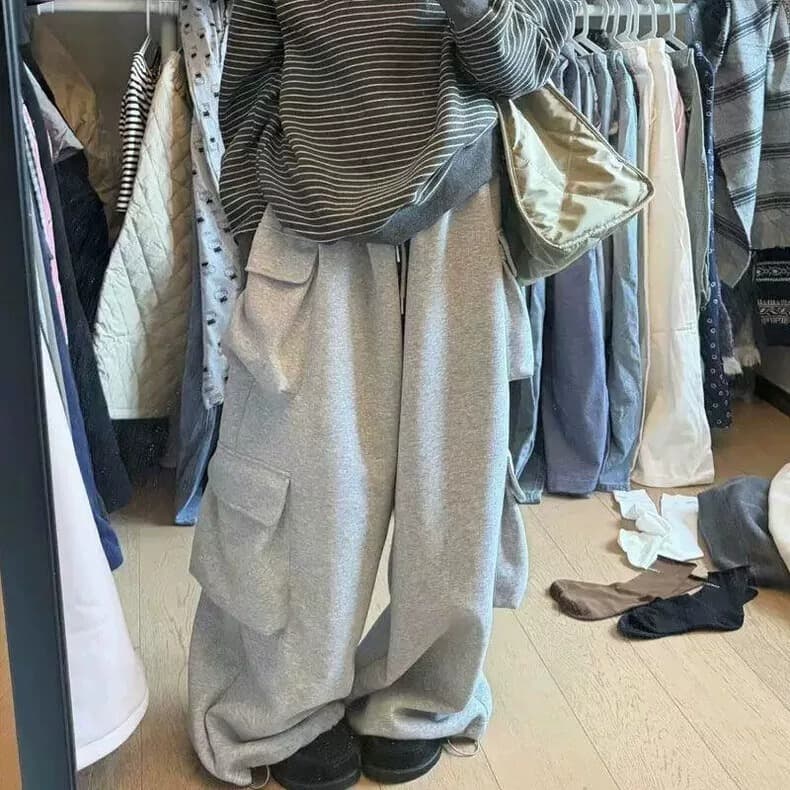 좋은 품질 아메리칸 가을 레트로 느슨함 센스 3 차원 주머니 일 와이드 다리 바닥 청소 운동 캐주얼 바지 여성 상세 이미지 16