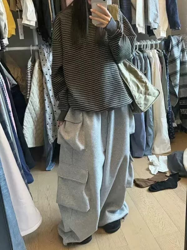 좋은 품질 아메리칸 가을 레트로 느슨함 센스 3 차원 주머니 일 와이드 다리 바닥 청소 운동 캐주얼 바지 여성 상세 이미지 20