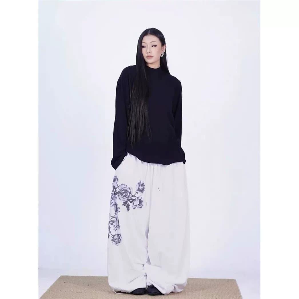 좋은 품질 아메리칸 가을 새로운 허리밴드 캐주얼 바지 화이트 장미 프린트 긴 바지 스트레이트 넓은 다리 웨이 바지 여성 상세 이미지 6