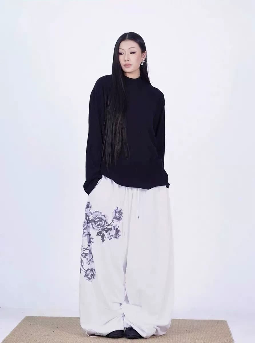 좋은 품질 아메리칸 가을 새로운 허리밴드 캐주얼 바지 화이트 장미 프린트 긴 바지 스트레이트 넓은 다리 웨이 바지 여성 상세 이미지 9