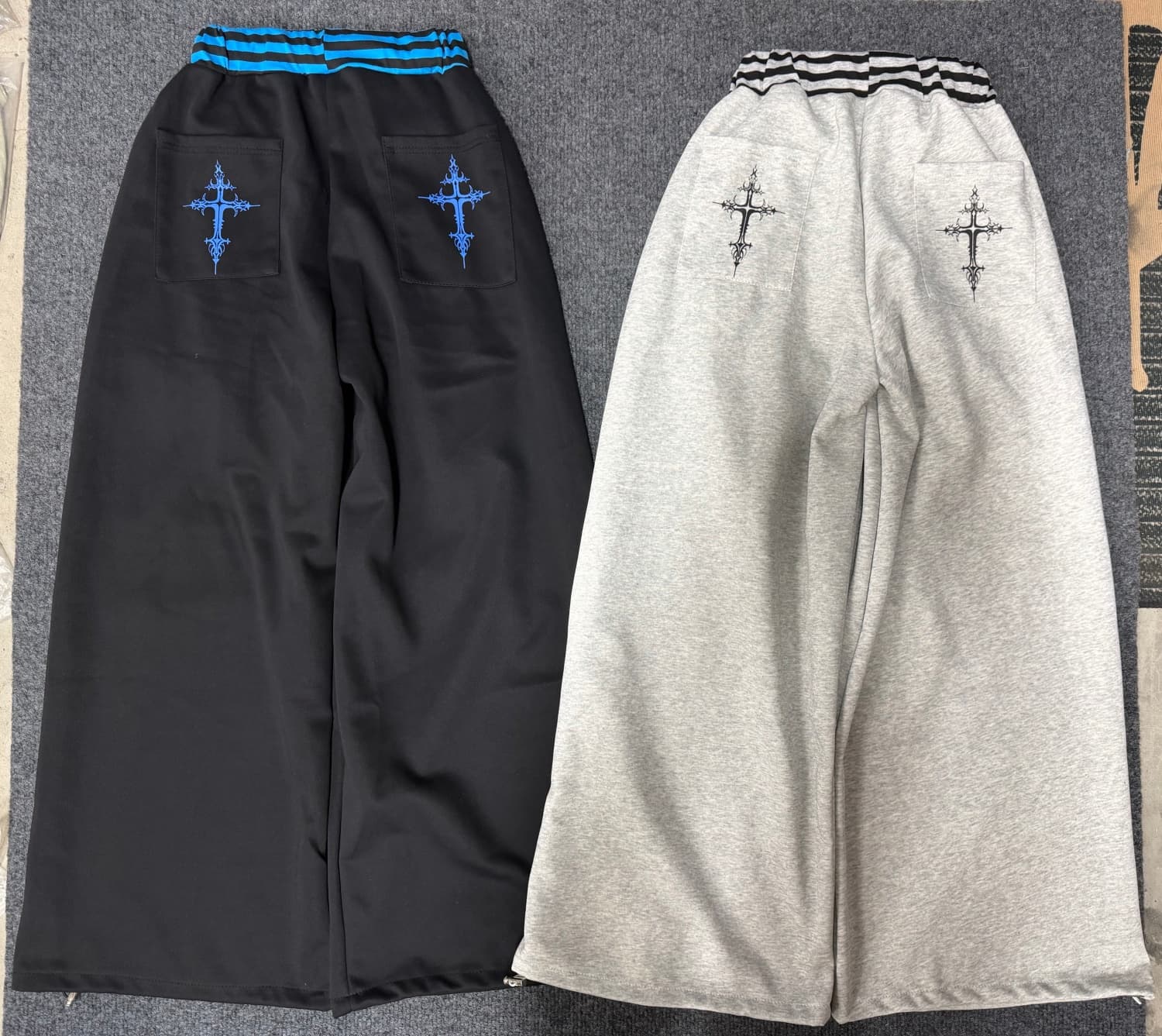 좋은 품질 아메리칸 배색 스트라이프 패치워크 십자가 자수 모통이 칼 웨이 바지 여성 재즈 댄스 캐주얼 와이드 레그 팬츠 상세 이미지 1