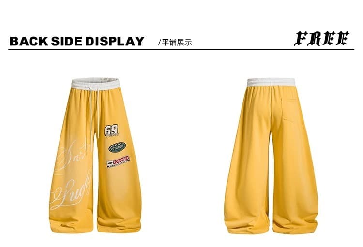 좋은 품질 아메리칸 배색 허리 머리 패치워크 마 오래된 프린트 모통이 칼 웨이 바지 여성 스트리트 댄스 조수 브랜드 캐주얼 와이드 레그 팬츠 상세 이미지 3