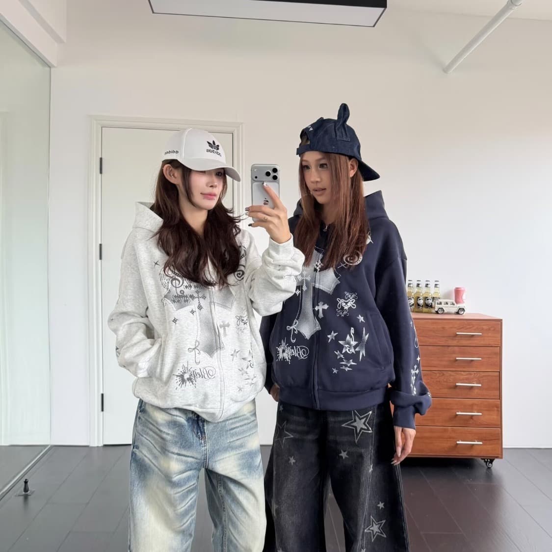 좋은 품질 아메리칸 레트로 하트 도트 무늬 참고 낙서 후드 티 스웨터 여성 가을 루즈핏 카디건 코트 트렌디
