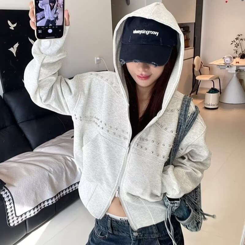 좋은 품질 아메리칸 후드 티 스웨터 여성 2026 가을 새로운 루즈핏 캐주얼 쇼트 스타일 오픈 가디건 지퍼 재킷 트렌디