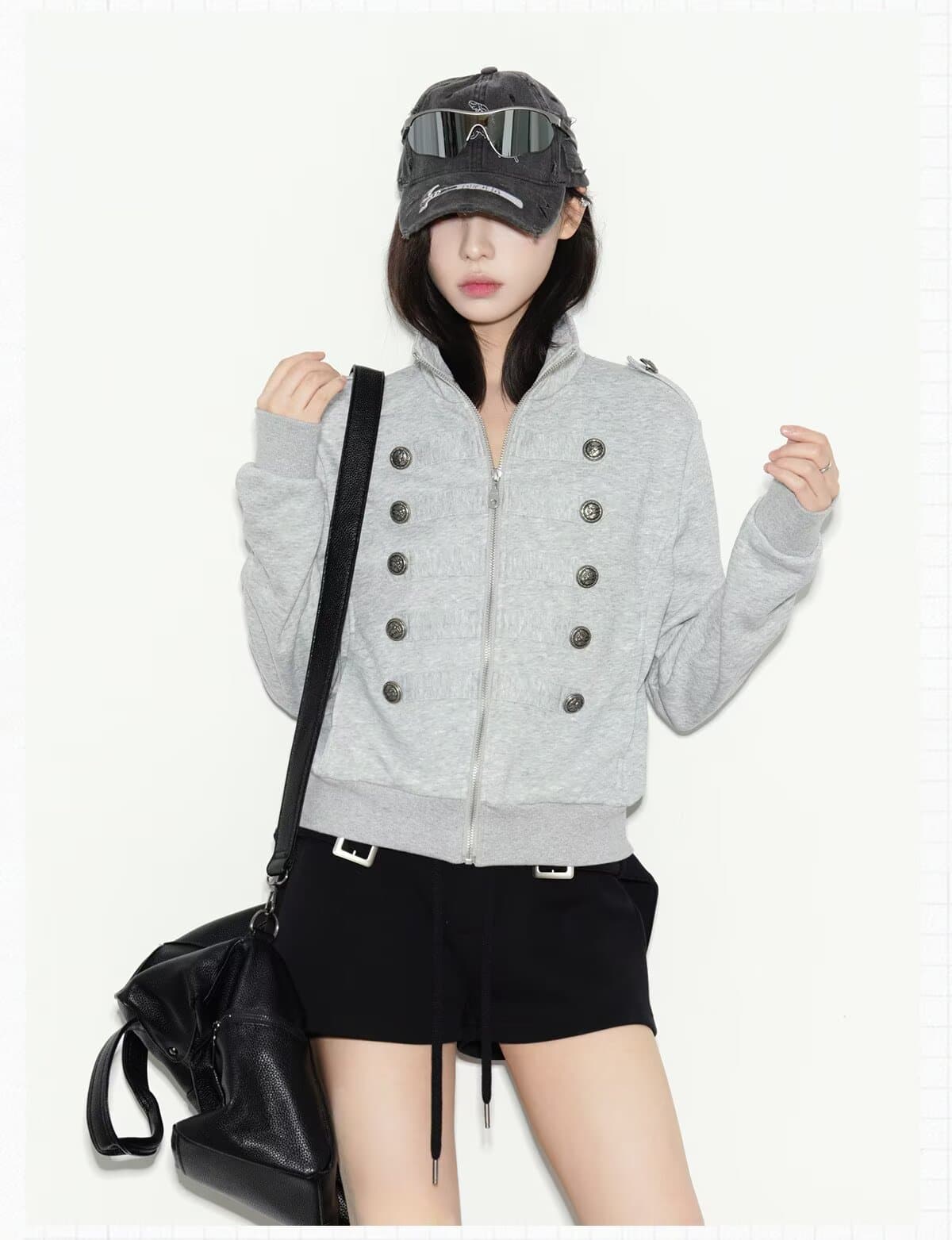 좋은 품질 아메리칸 나폴레옹 이중 버튼 스탠드 칼라 여성 코트 봄 가을 다용도 몸매 가꾸기 쇼트 스타일 후드티 오픈 가디건 이미지 3