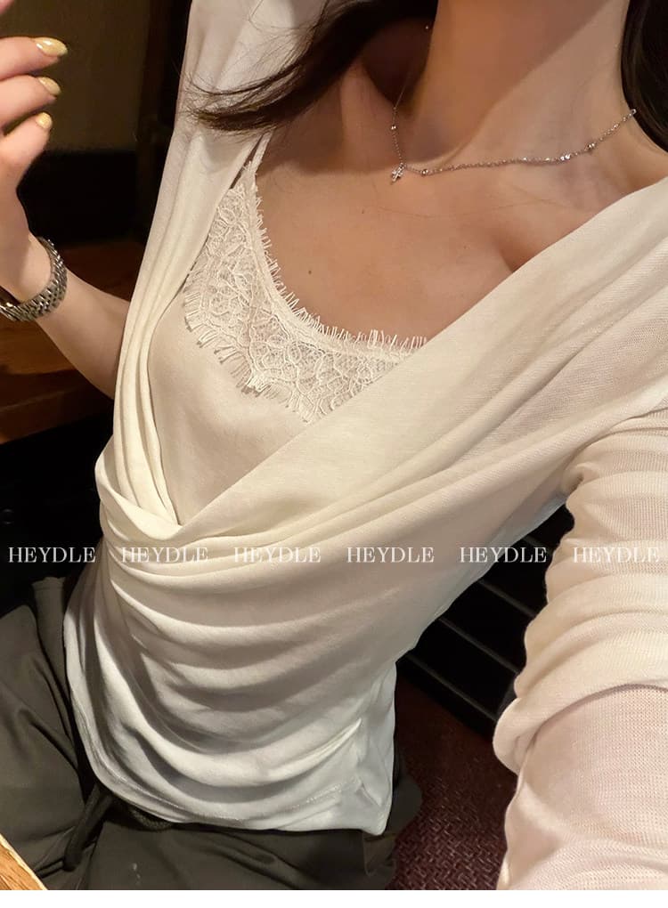 좋은 품질 가을 새로운 흔들다 칼라 레이스 조각 작은 셔츠 부드러운 찹쌀 페이크 레이어드 맨위 여성 허리 수축 주름 긴팔 상세 이미지 2