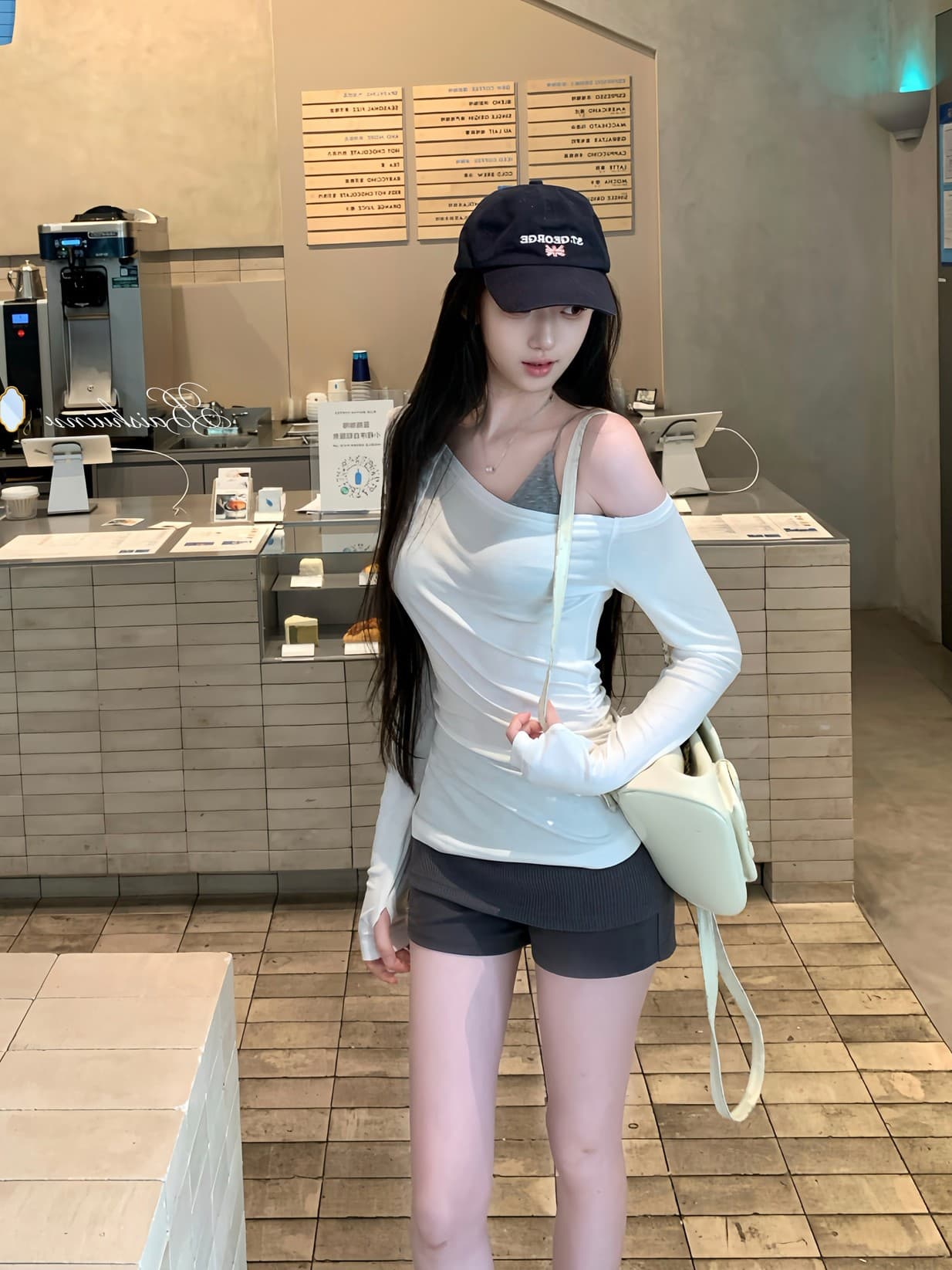 좋은 품질 가을 새로운 허리 수축 슬림해 보이는 캐주얼 비스듬한 어깨 오프숄더 긴팔 티셔츠 회색 캐미솔 투피스 세트