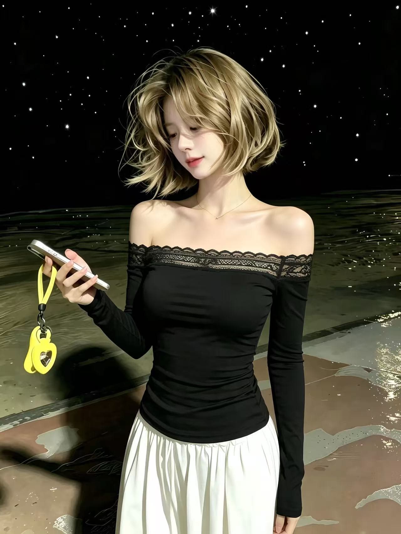 좋은 품질 가을 새로운 한 부서 섹시함 오프숄더 긴팔 티셔츠 여성 레이스 조각 몸매 가꾸기 품격 맨위 트렌디 상세 이미지 1