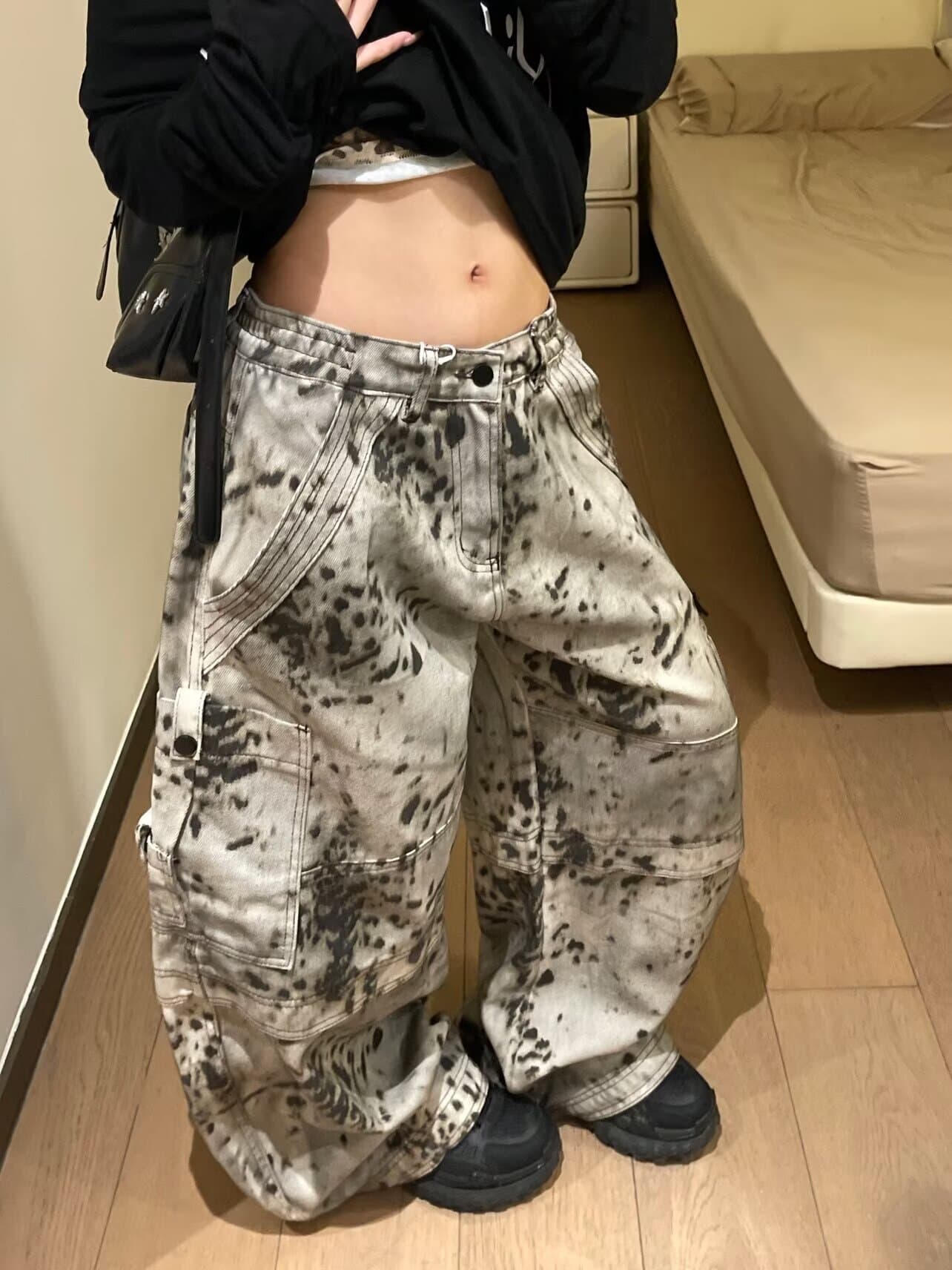 좋은 품질 가을 겨울 새로운 하이웨이스트 레트로 레오파드 무늬 청바지 여성 슬림해 보이는 다용도 넓은 다리 바닥 청소 캐주얼 바지 트렌디 이미지 3