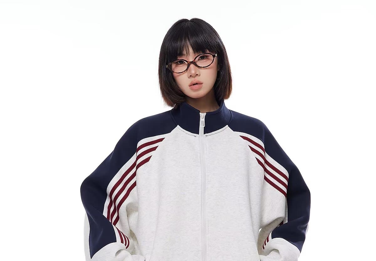 좋은 품질 아메리칸 레트로 배색 스탠드 칼라 캐주얼 재킷 여성 코트 봄 가을 디자인 지퍼 후드티 오픈 가디건 트렌디 상세 이미지 8