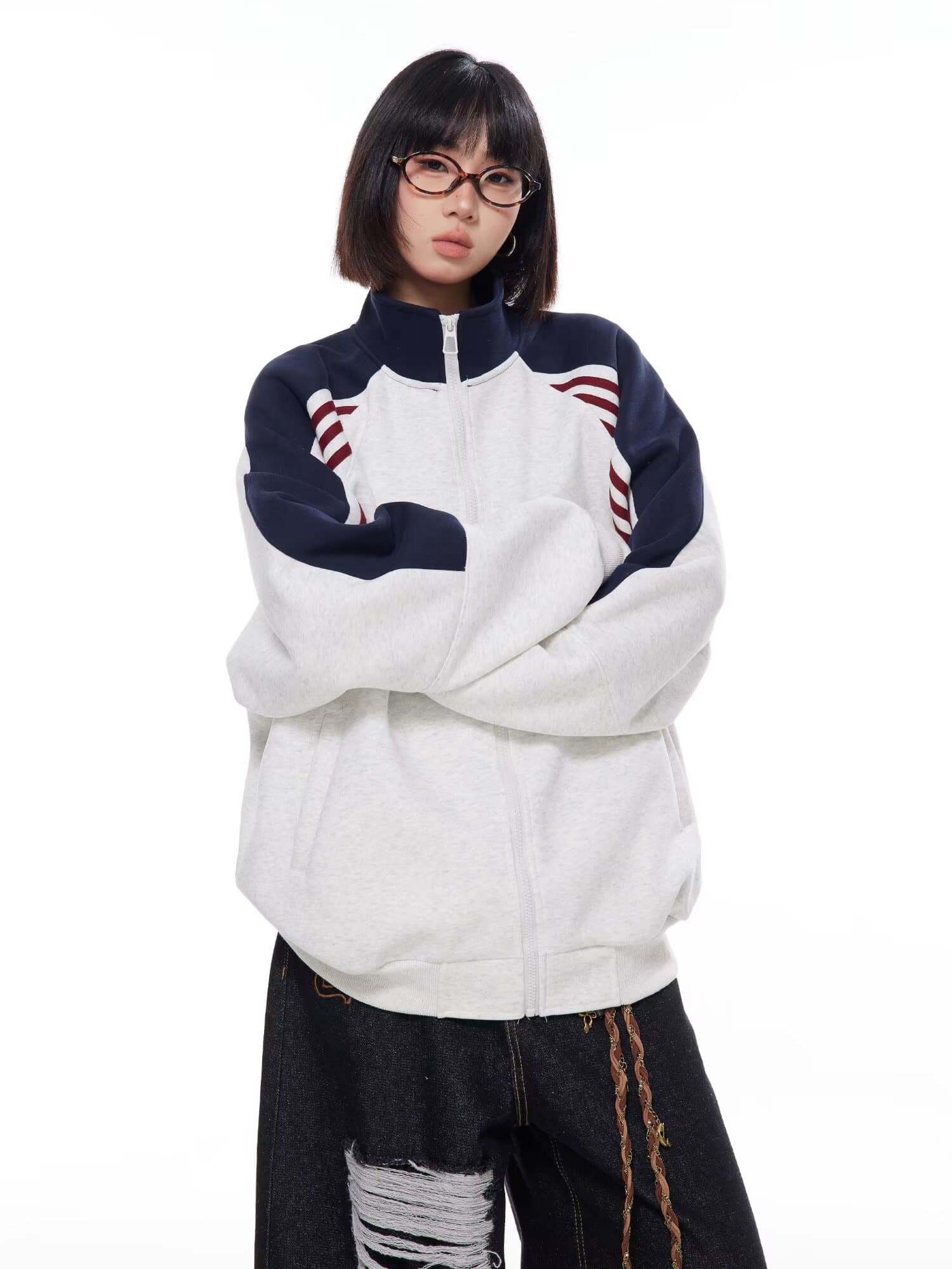 좋은 품질 아메리칸 레트로 배색 스탠드 칼라 캐주얼 재킷 여성 코트 봄 가을 디자인 지퍼 후드티 오픈 가디건 트렌디 상세 이미지 31