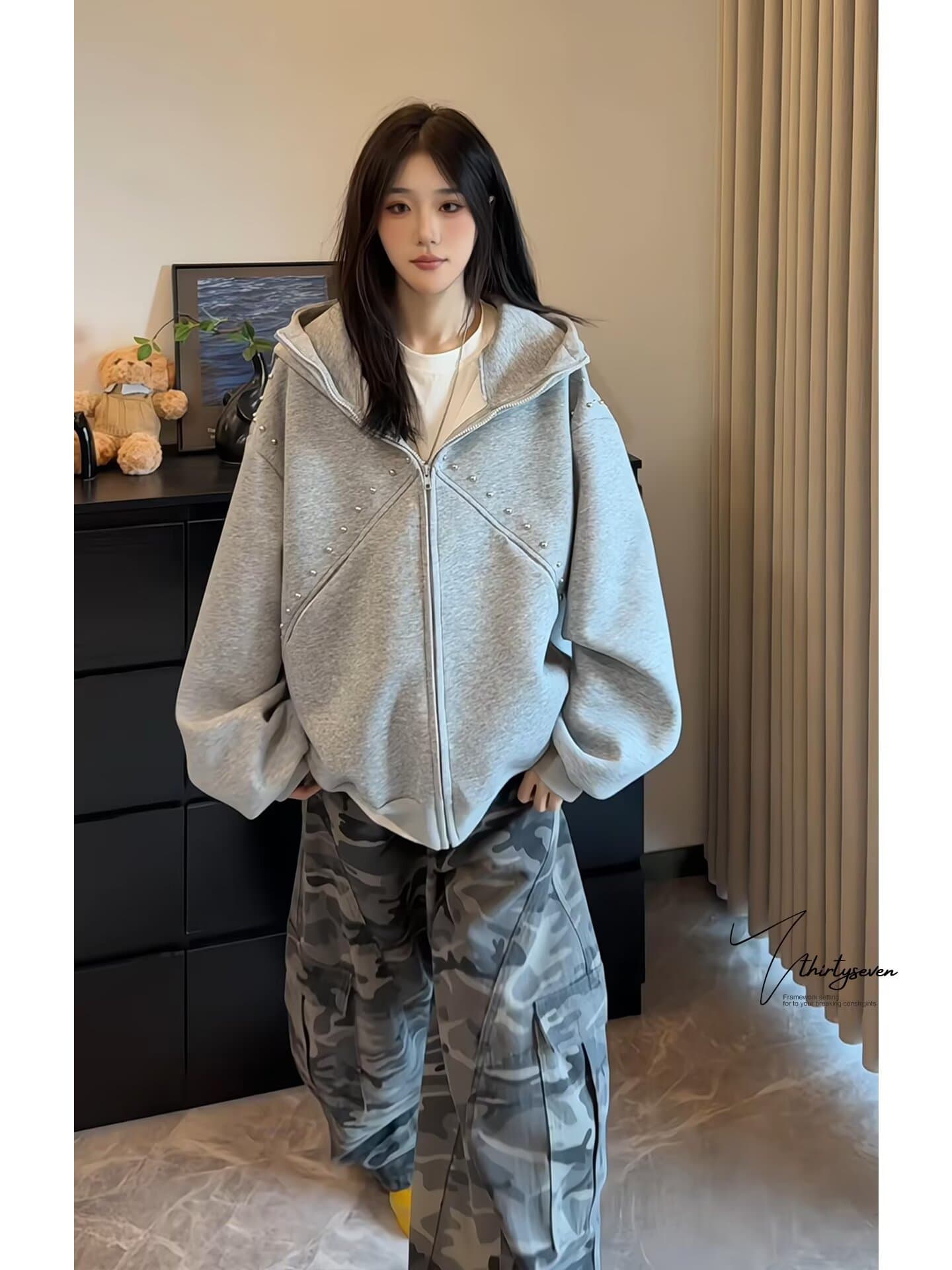 좋은 품질 아메리칸 징 후드 티 스웨터 여성 2026 가을 새로운 루즈핏 캐주얼 오픈 가디건 지퍼 재킷 트렌디