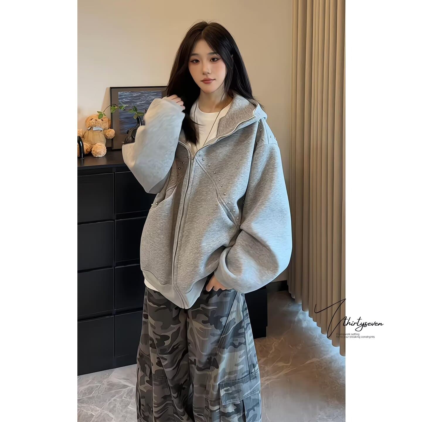 좋은 품질 아메리칸 징 후드 티 스웨터 여성 2026 가을 새로운 루즈핏 캐주얼 오픈 가디건 지퍼 재킷 트렌디 상세 이미지 10