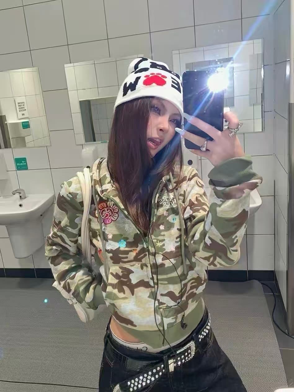 좋은 품질 아메리칸 카모플라주 자수 후드 티 스웨터 여성 가을 새로운 루즈핏 캐주얼 오픈 가디건 지퍼 재킷 트렌디 이미지 3