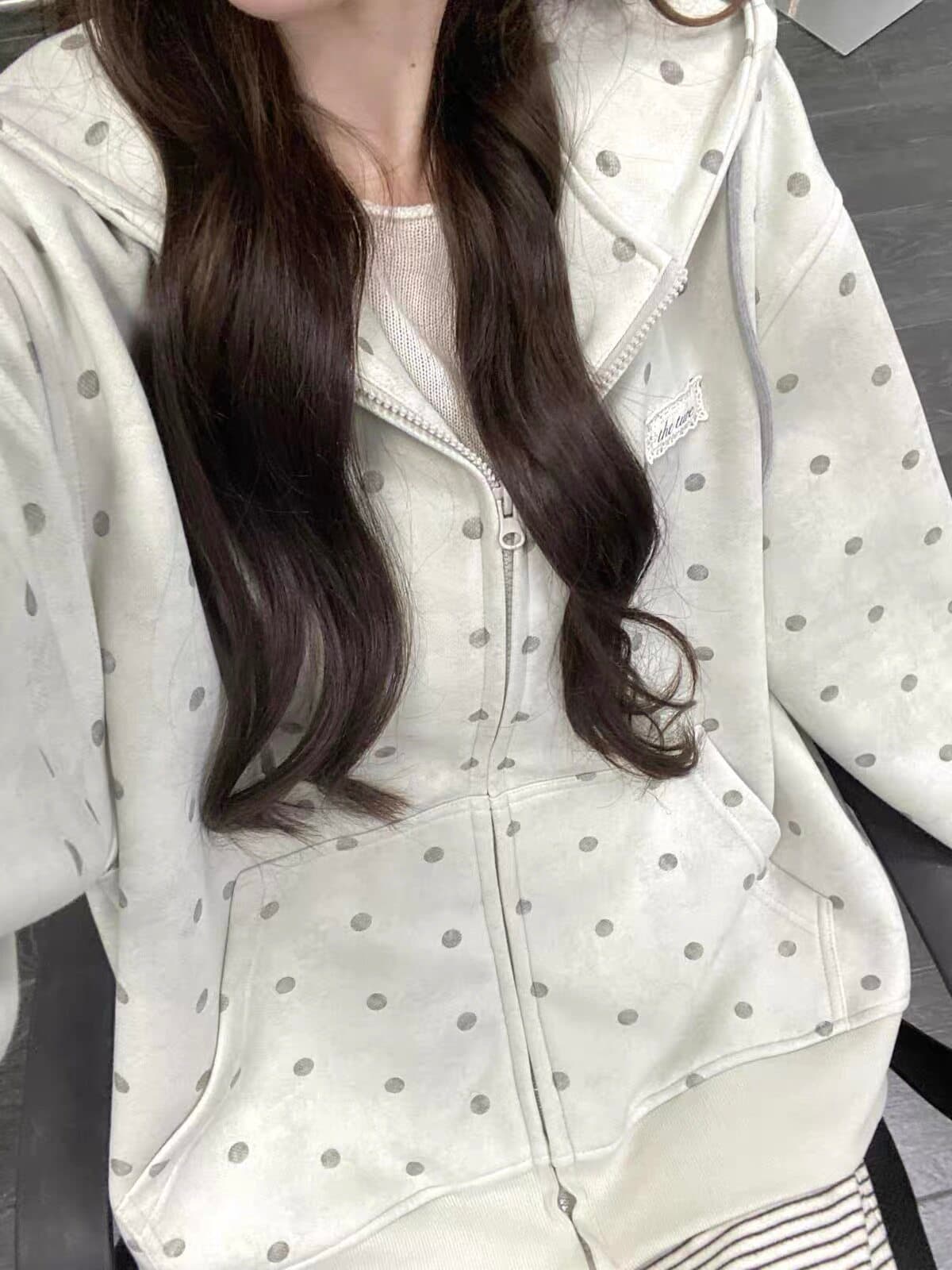 좋은 품질 아메리칸 도트 무늬 자수 후드 티 스웨터 여성 가을 새로운 루즈핏 캐주얼 오픈 가디건 지퍼 재킷 트렌디 상세 이미지 5