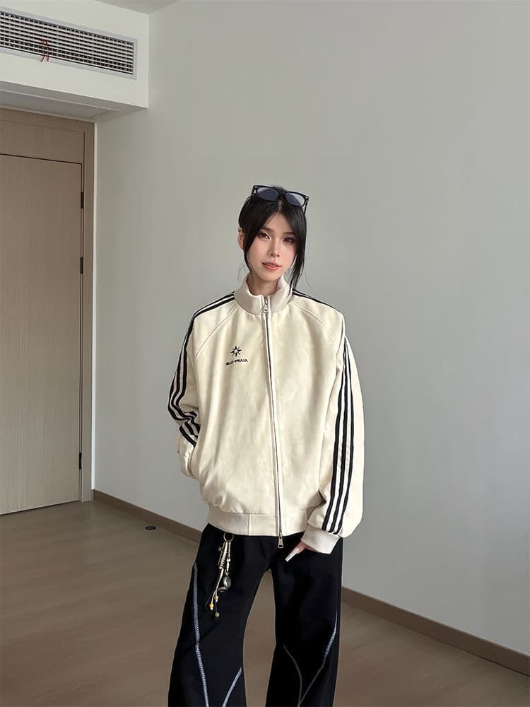 좋은 품질 아메리칸 높음 거리 열매 곡물 스탠드 칼라 재킷 여성 가을 루즈핏 트렌드 다용도 캐주얼 운동 재킷 상세 이미지 7