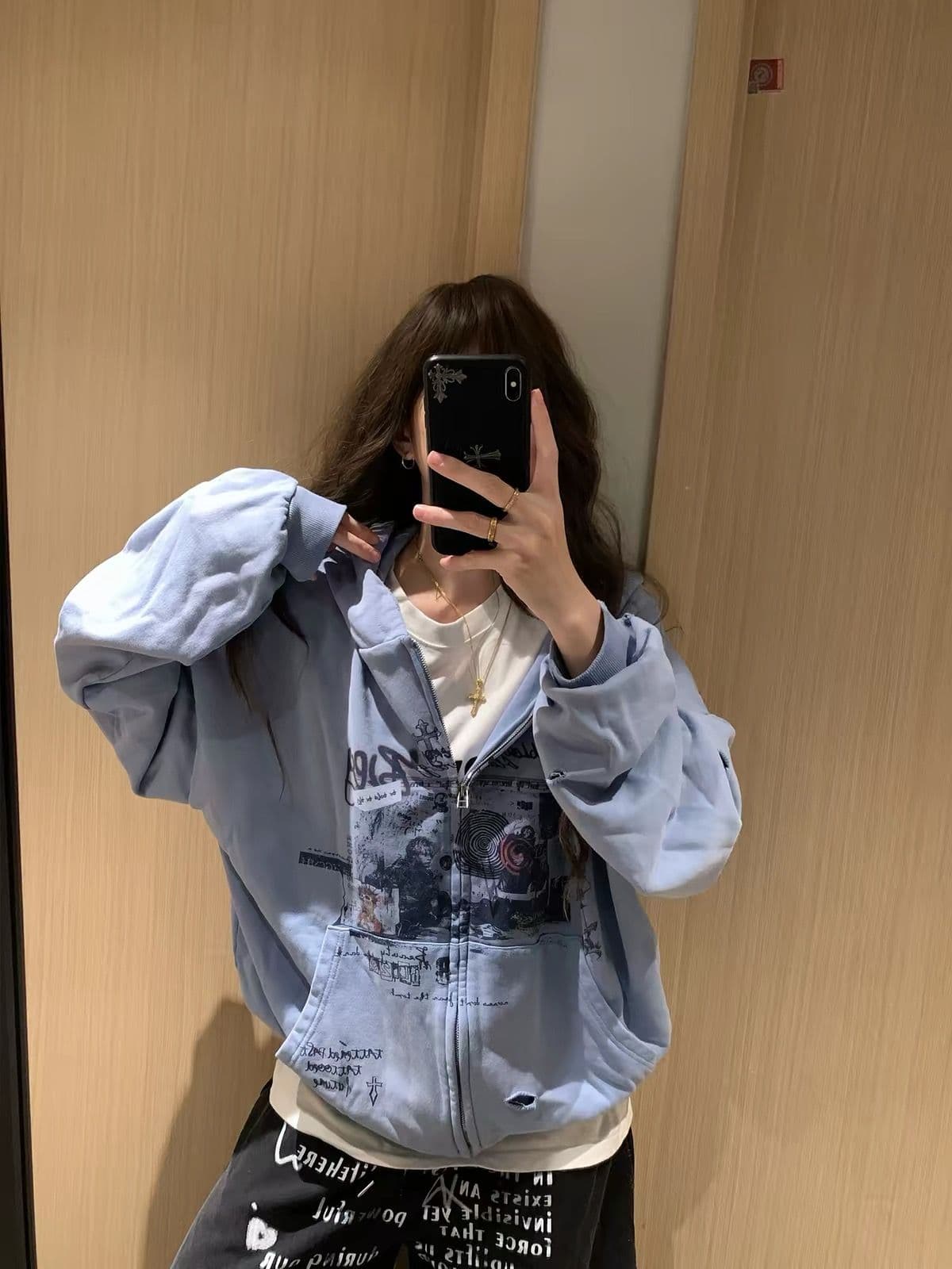 좋은 품질 아메리칸 오픈 가디건 후드티 가을 새로운 높음 거리 조수 브랜드 루즈핏 프린트 캐주얼 후드 지퍼 재킷 상세 이미지 3