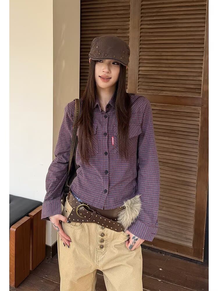 좋은 품질 일본식 체크무늬 배색 긴팔 여성 셔츠 가을 트렌디 폴로 칼라 캐주얼 아메리칸 레트로 루즈핏 셔츠 상세 이미지 2