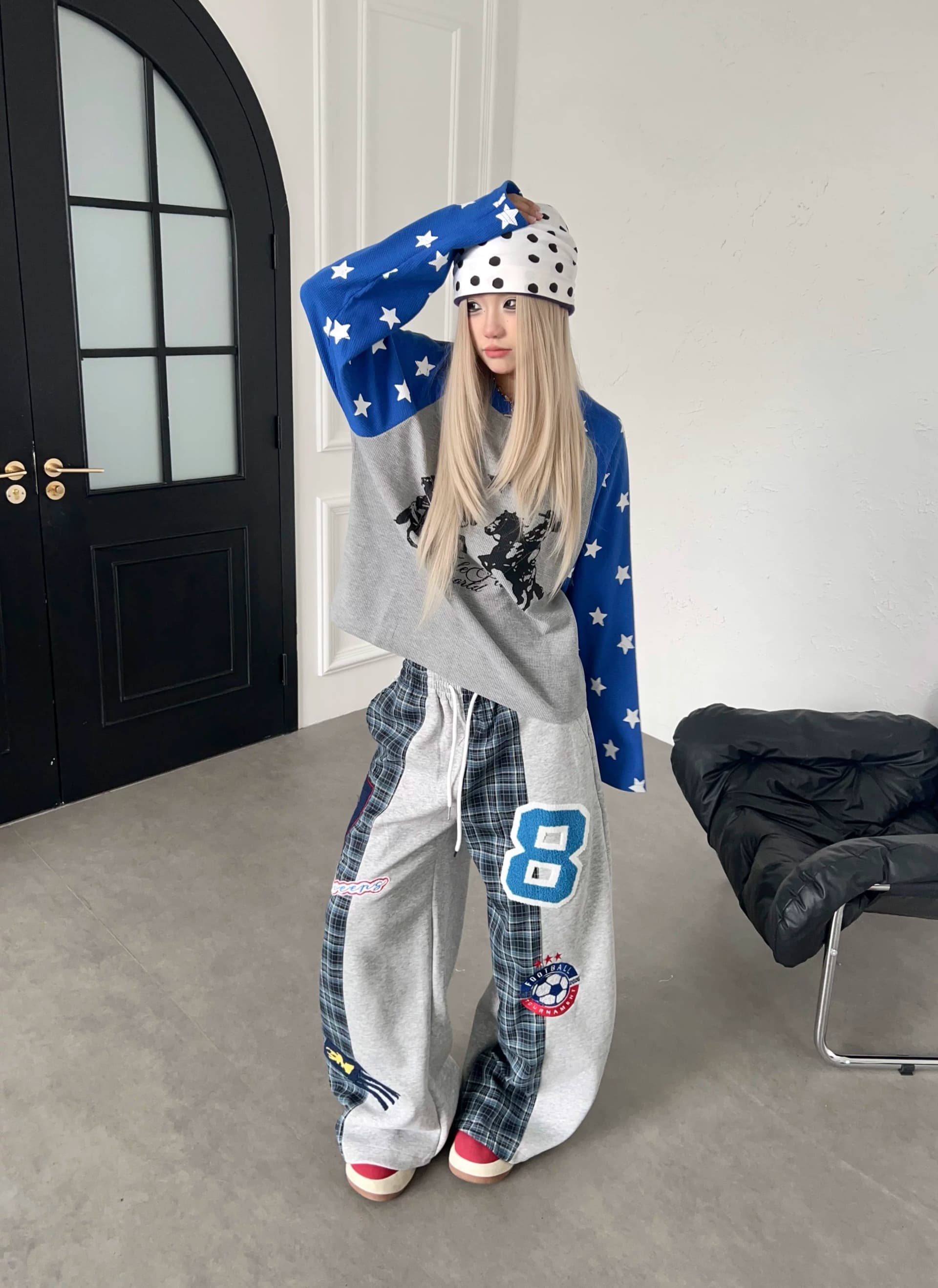 좋은 품질 가을 새로운 아메리칸 체크무늬 패치워크 수건 자수 캐주얼 바지 넓은 다리 모통이 칼 디자인 센스 웨이 바지 여성 상세 이미지 30